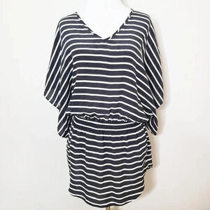 DREW Black & White Striped Short Sleeve Silk Top S